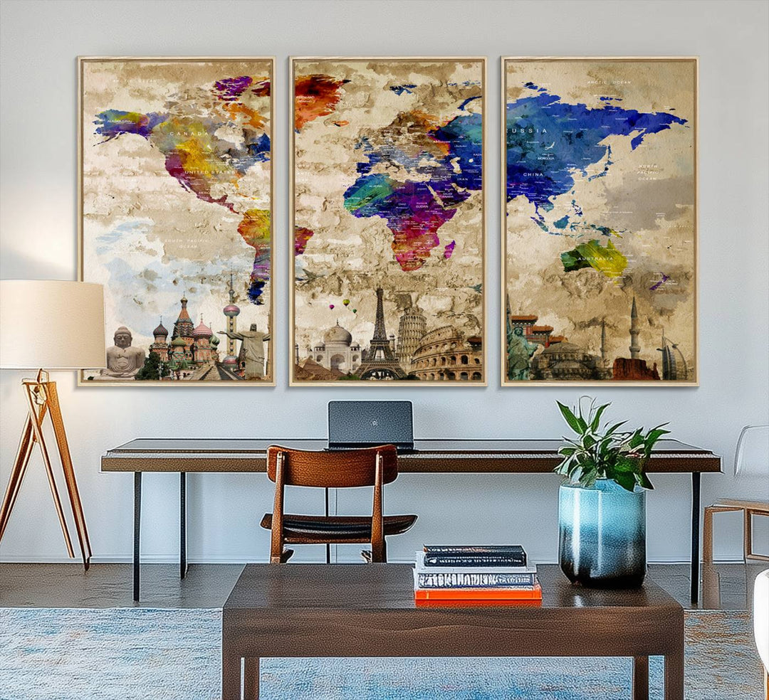 Artistic world map featuring landmarks like the Eiffel Tower, printed on premium wall art for office or living space.