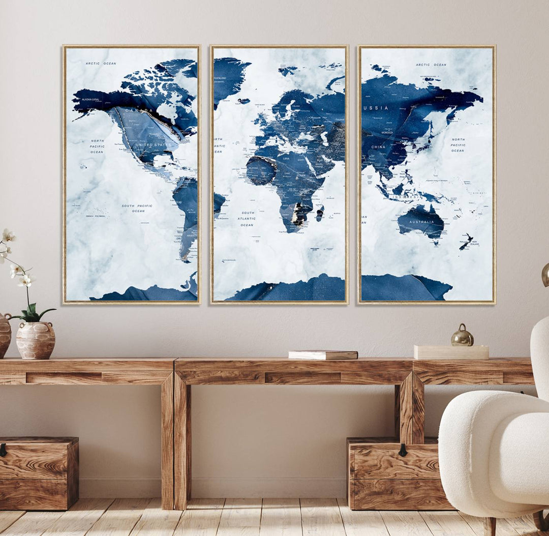 Navy Blue World Map with Antarctica Canvas: A perfect abstract home decor piece featuring a grunge-stained background.