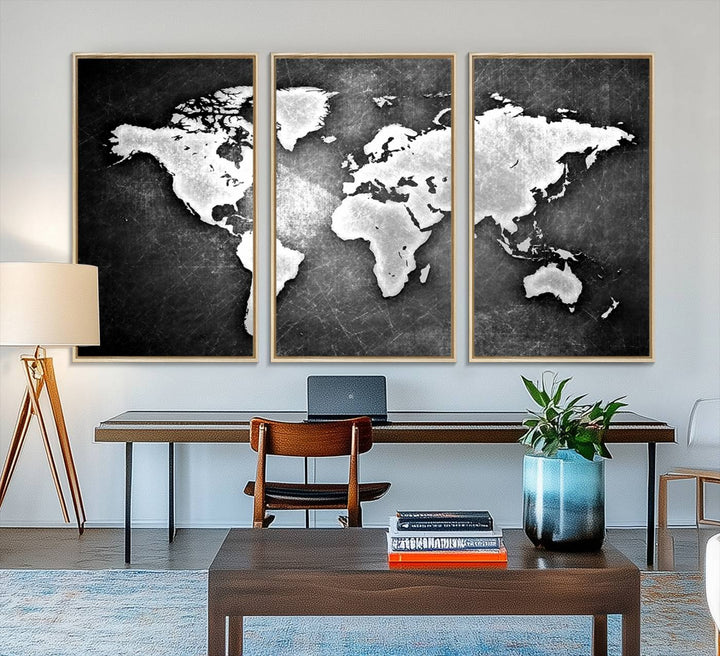 Black & White 3-Panel Framed World Map Canvas Art with Grunge Design.