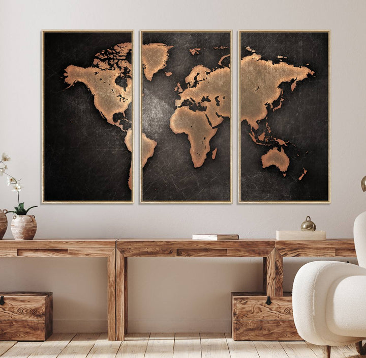 Maroon World Map Wall Art: Copper continents on a grunge-stained canvas, ideal for enhancing your decor.