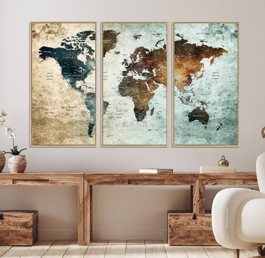 The Push Pin World Map Canvas Print serves as an ideal piece of wall art for travel lovers, showcasing vibrant colors and intricate details.