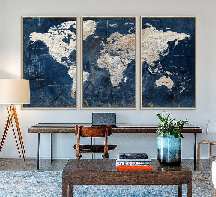 Rustic World Map Wall Art Canvas: Features a vintage blue design with a wood texture, highlighting continents in light hues.