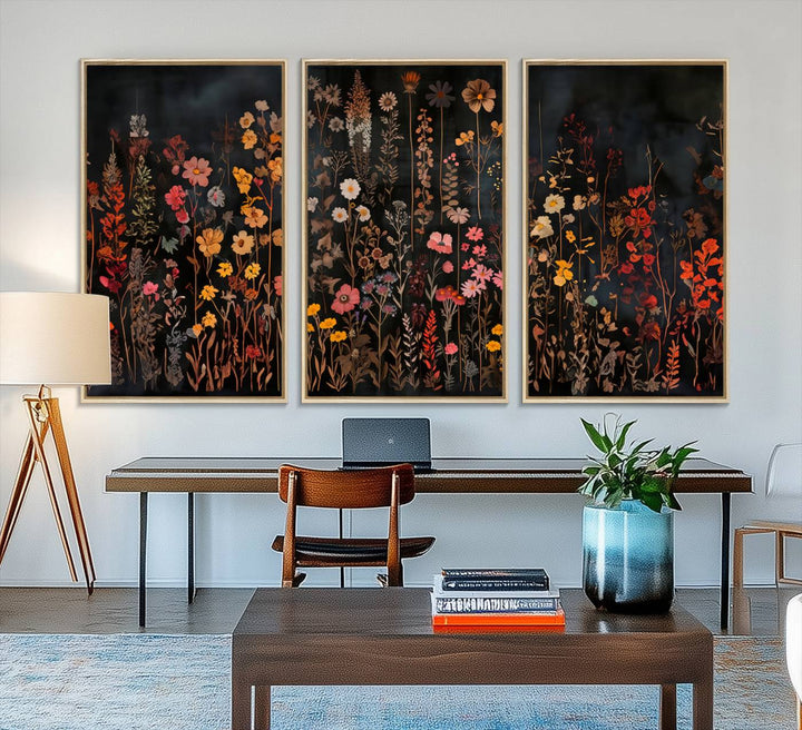 A large wildflower painting print on canvas featuring a colorful floral illustration, perfect as botanical decor for a stylish home.