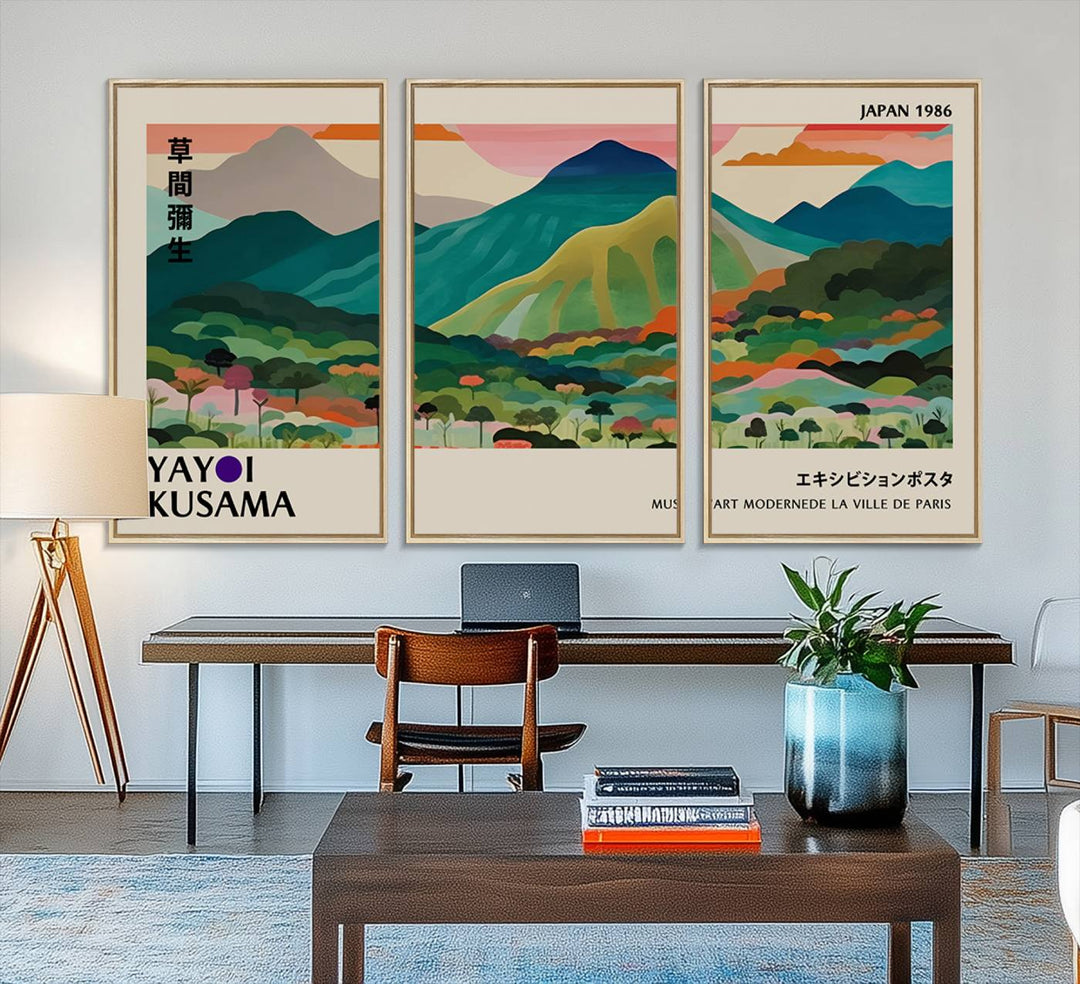 Vibrant abstract world map print featuring mountains and trees, including the text Yayoi Kusama and Japan 1986.