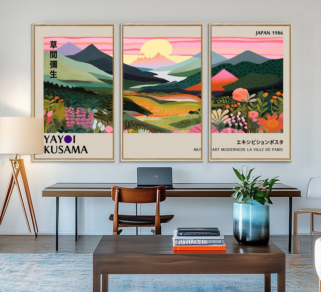 Vibrant abstract landscape canvas with mountains and fields, titled Yayoi Kusama 1986 Wall Art Print.