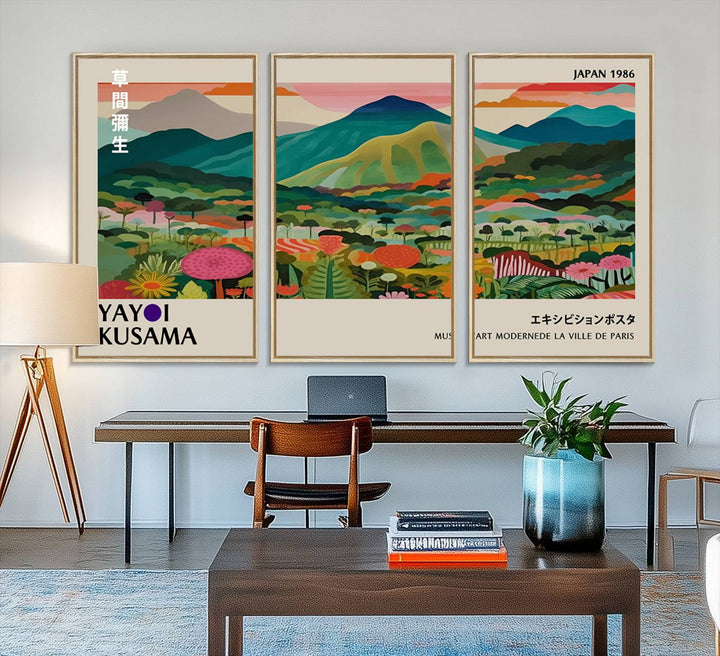 1986 Yayoi Kusama Art Print – Vibrant, abstract landscape featuring hills and trees in a Japanese Wabi Sabi style. Ready-to-hang.