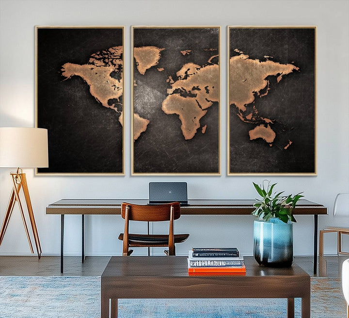 The Modern World Map on a metallic black canvas creates a striking effect.