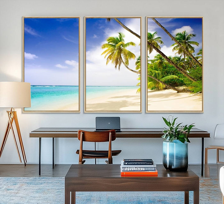 Tropical Beach Canvas: Palm Trees & White Sand Shore Decor, Vibrant Coastal Print, Ready to Hang.