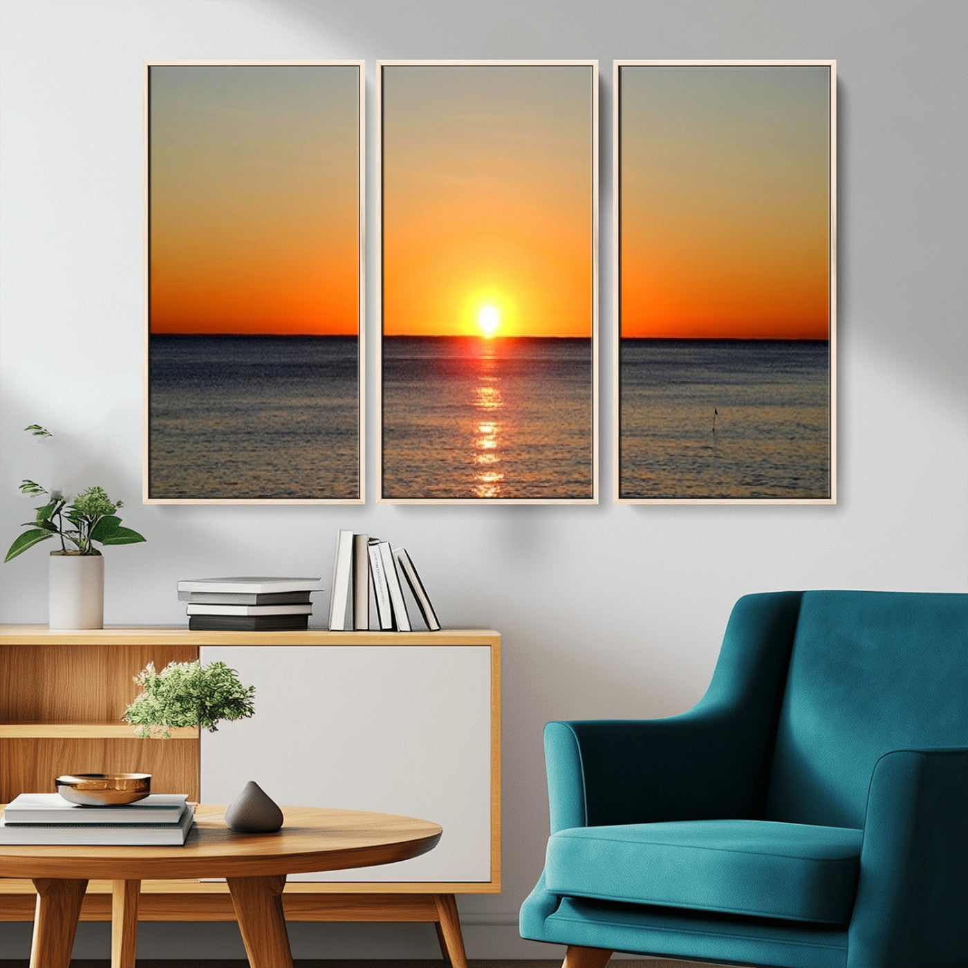 54676-MGV-FC-48X32-3P_Natural-Golden Horizon Sunset Over Ocean Wall Art Canvas Print – Tropical Beach Canvas Wall Art – Giclee