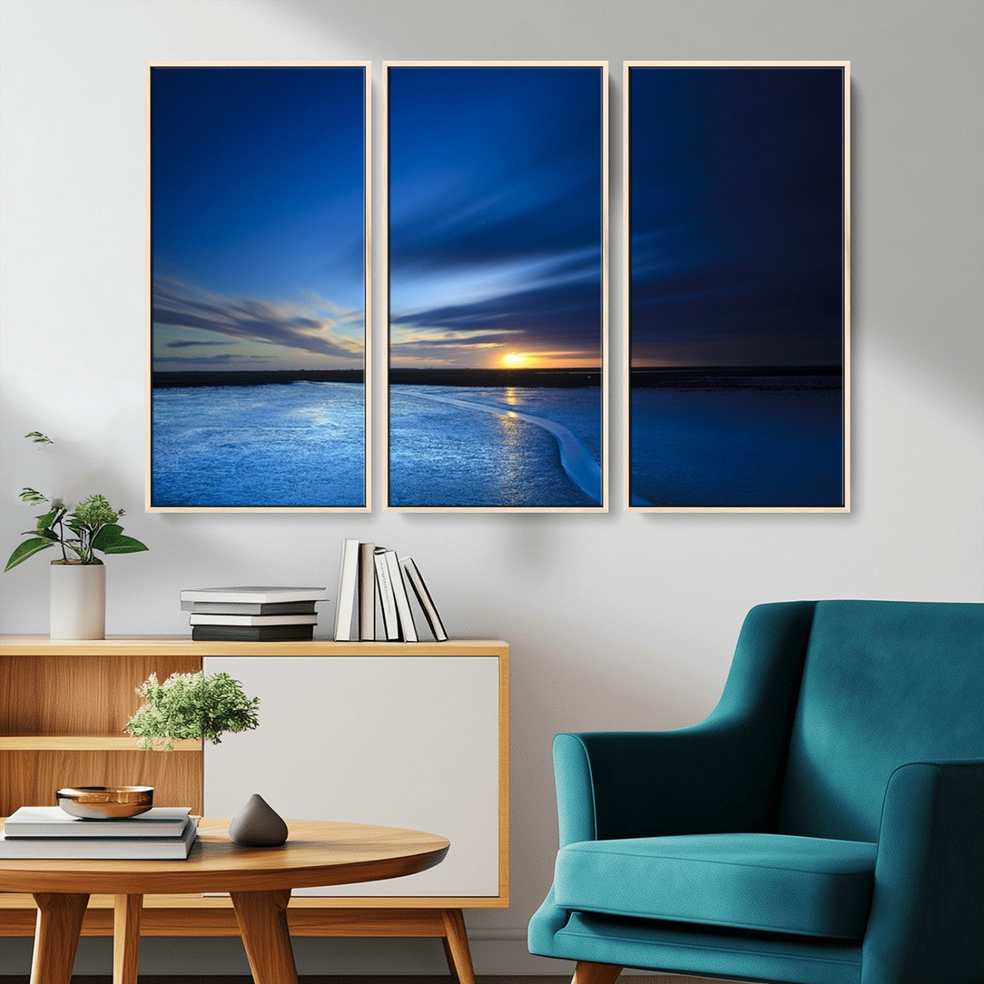MGV-FC-48X32-3P - Blue Sunset Ocean Canvas Wall Art Print – Serene Coastal Horizon Wall Decor for Home or Office –