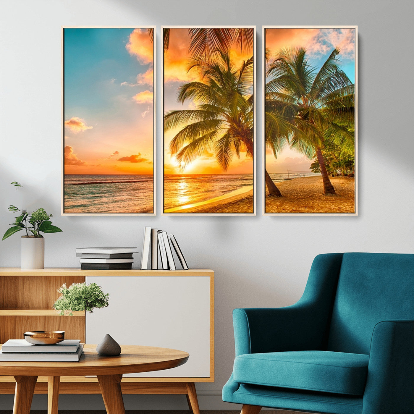 MGV-FC-48X32-3P - Tropical Sunset Beach Canvas Wall Art Print – Vibrant Palm Trees and Coastal Sunset Wall Decor for