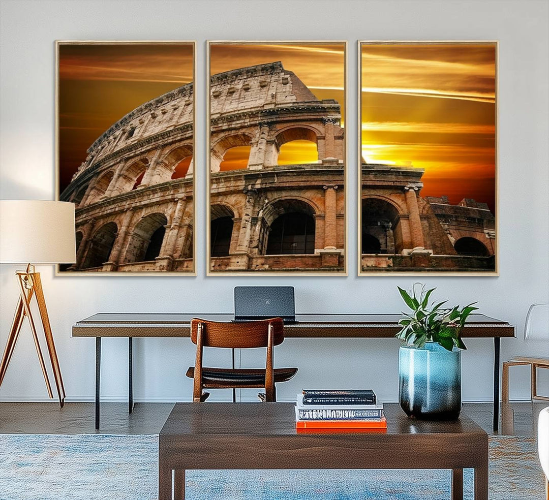 On the wall, theres a piece of art titled Colosseum with Yellow Sunset Behind, Italy.