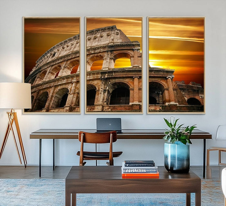 On the wall, theres a piece of art titled Colosseum with Yellow Sunset Behind, Italy.