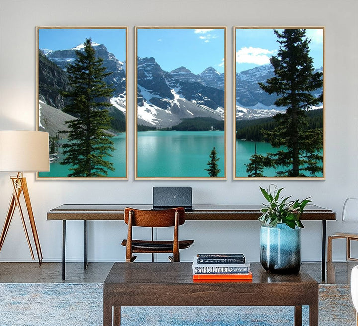 Canadian Rockies Moraine Lake Landscape Canvas Print showcasing a turquoise lake and mountain view.