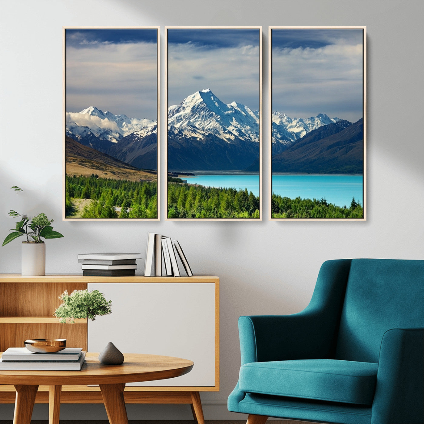 MGV-FC-48X32-3P - Mount Cook and Lake Pukaki Canvas Wall Art Print – Majestic Snow-Capped Peaks and Serene Lake Wall