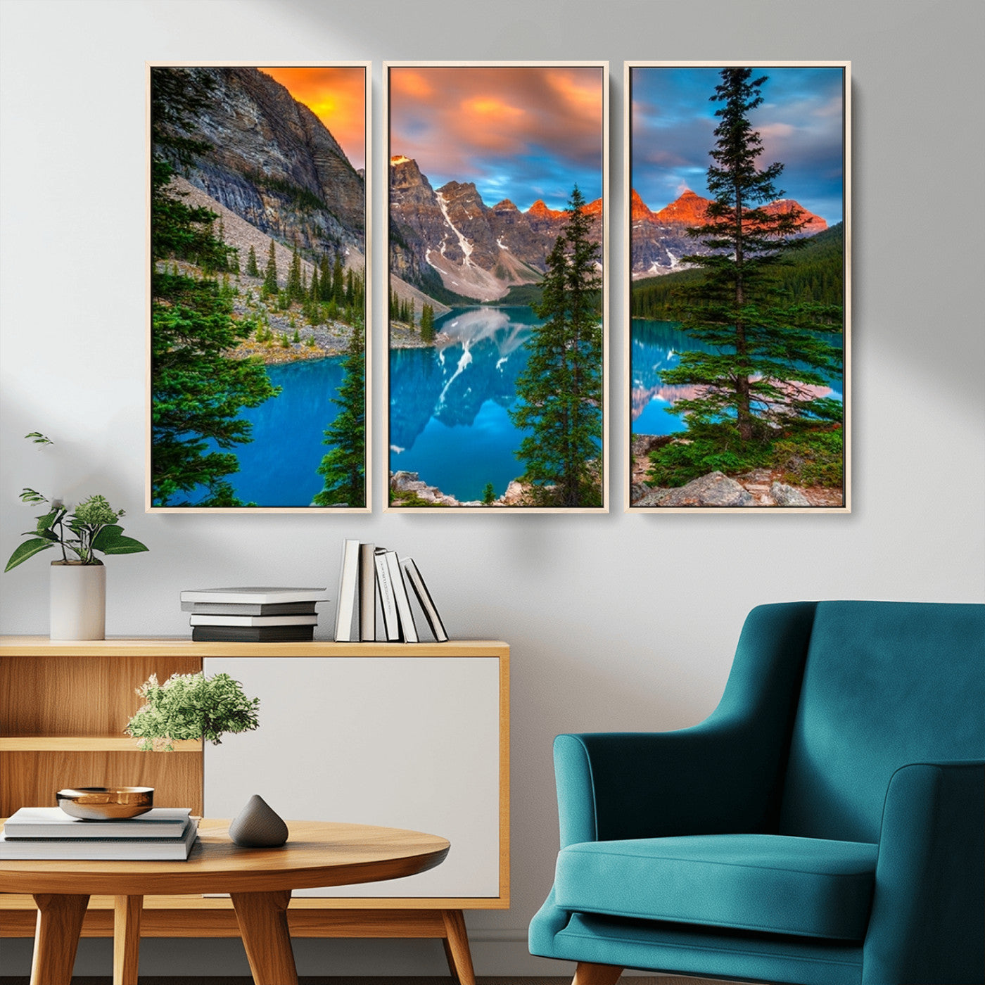 MGV-FC-48X32-3P - Canadian Rockies Moraine Lake Wall Art Canvas Print, Pine Trees Mountain Spring Canvas Print