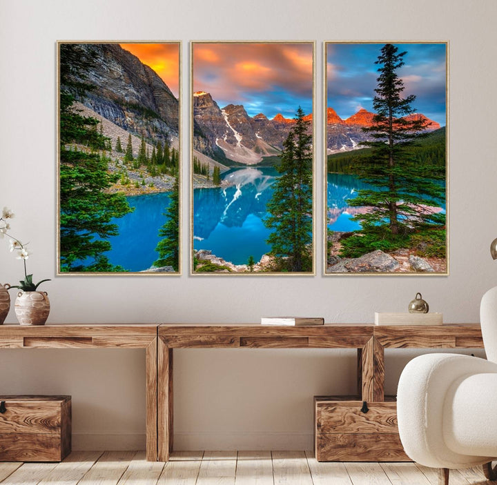 The dining room features a stunning piece of wall art depicting the Canadian Rockies Moraine Lake.