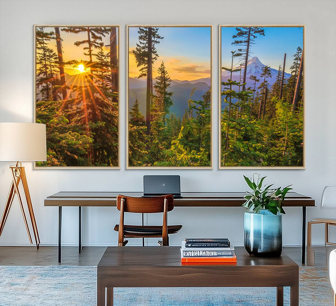 The kitchen features a Red Leaves on Trees landscape canvas print, perfect for nature lovers.