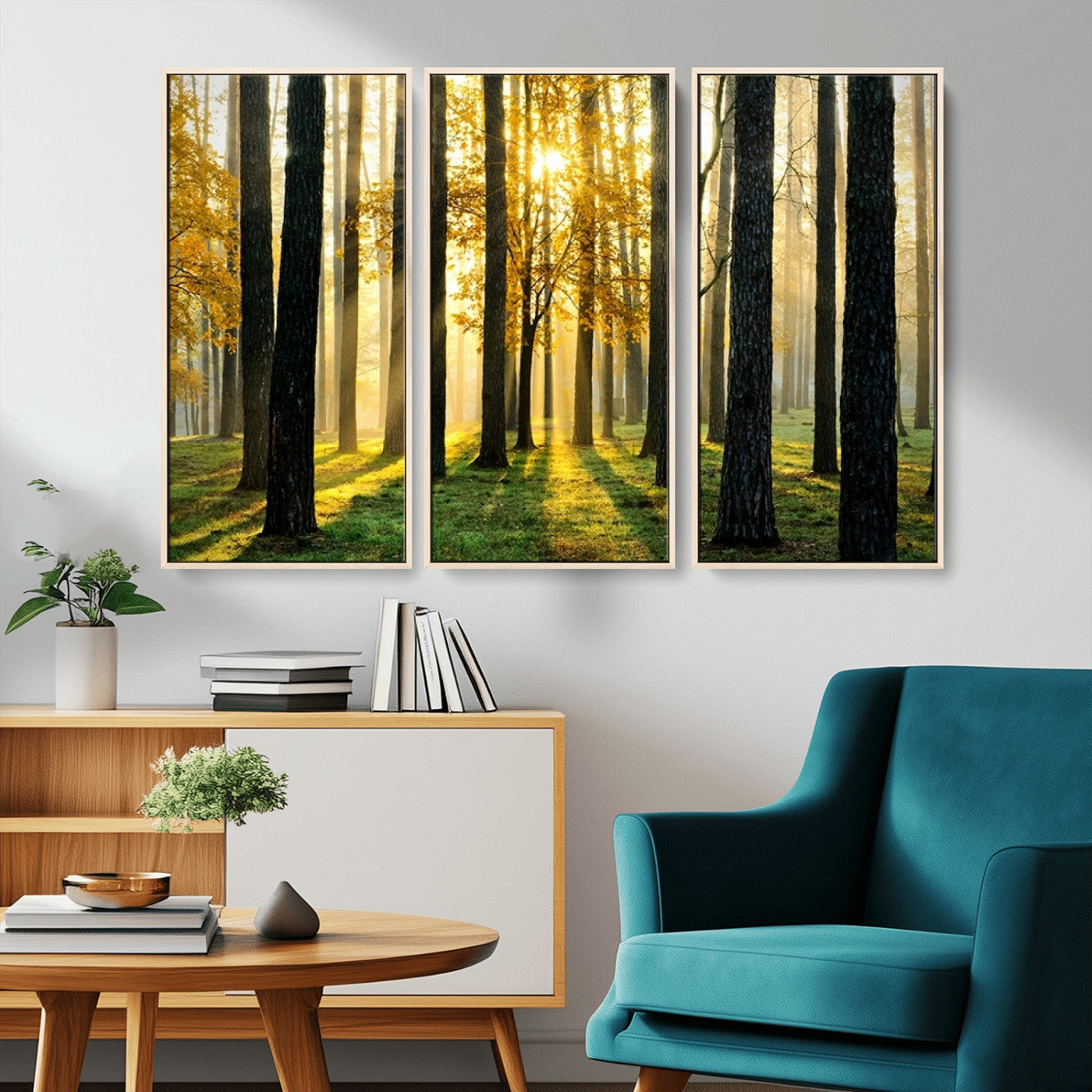 MGV-FC-48X32-3P - Sunlit Forest Canvas Wall Art – Serene Woodland Triptych Landscape Print – Nature-Inspired Decor for