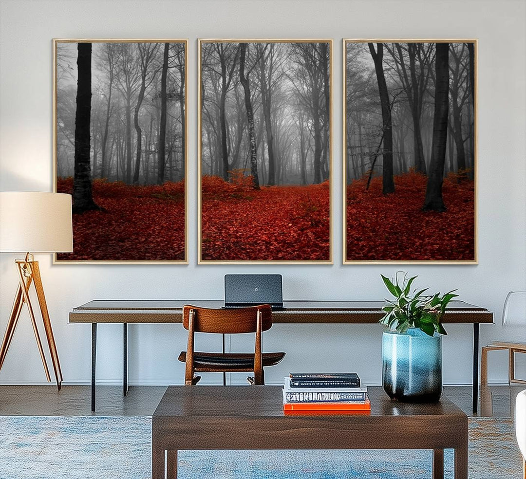 A large, museum-quality canvas print titled Wonderful Forest with Red Leaves.