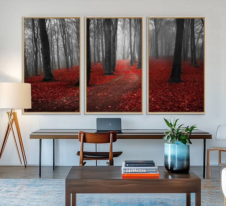 Wonderful Forest artwork: Triptych with red leaves, ideal for nature lovers.