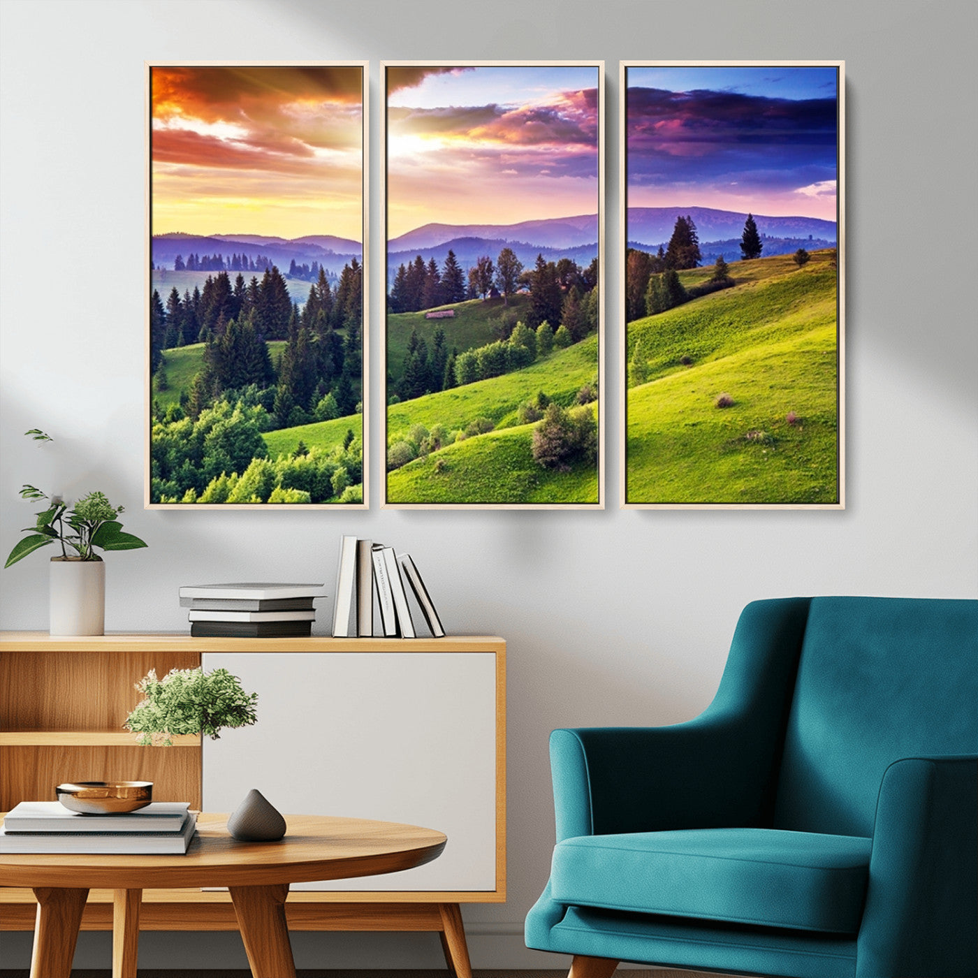 MGV-FC-48X32-3P - Green Hills and Sunset Wall Art Print - Scenic Landscape with Lush Greenery and Vibrant Sky, Ready
