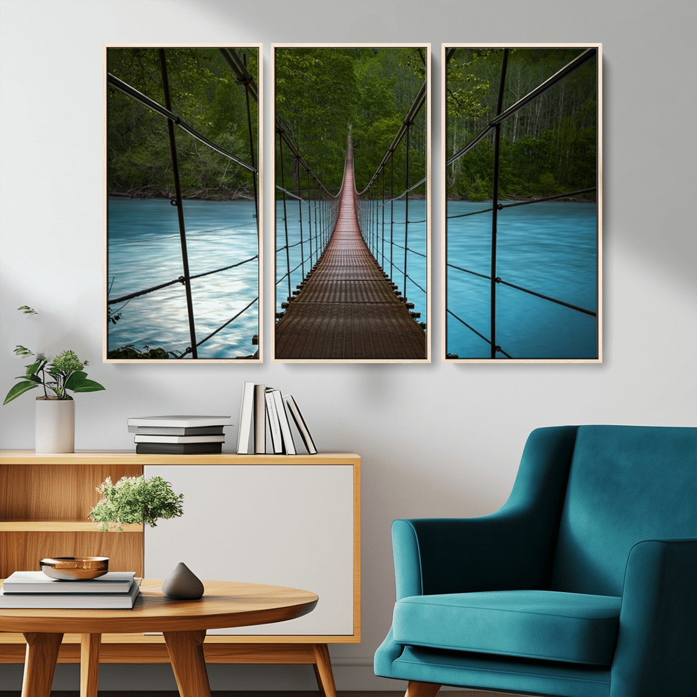 -Suspension Bridge Over River Canvas Art | 3-Panel Nature Photography | Scenic Wall Art for Living