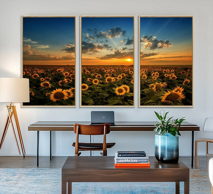 The dining area features the Sunflower Field Sunset Wall Art Canvas Print.