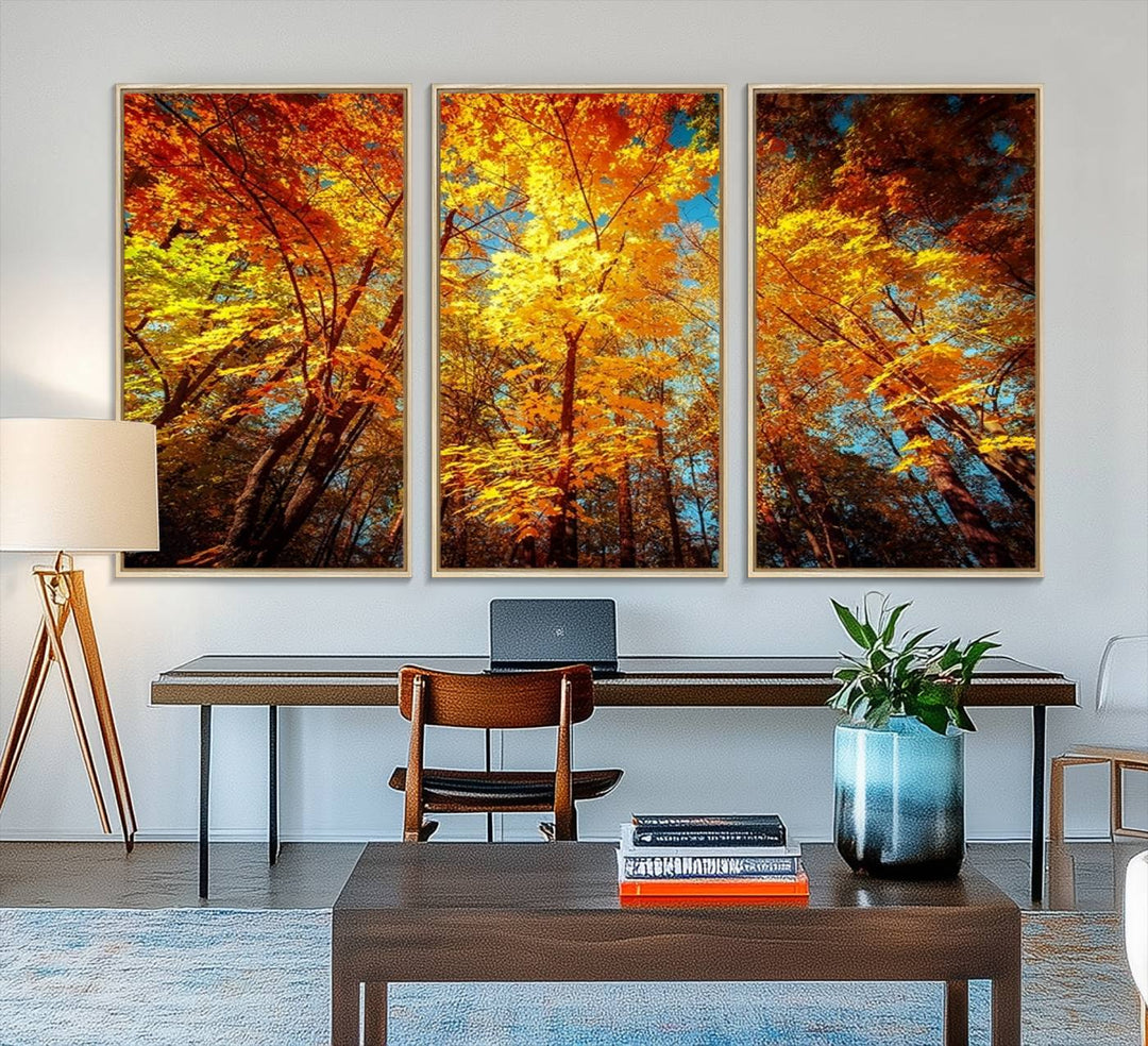 Forest View at Fall Wall Art hangs prominently, showcasing its beauty.