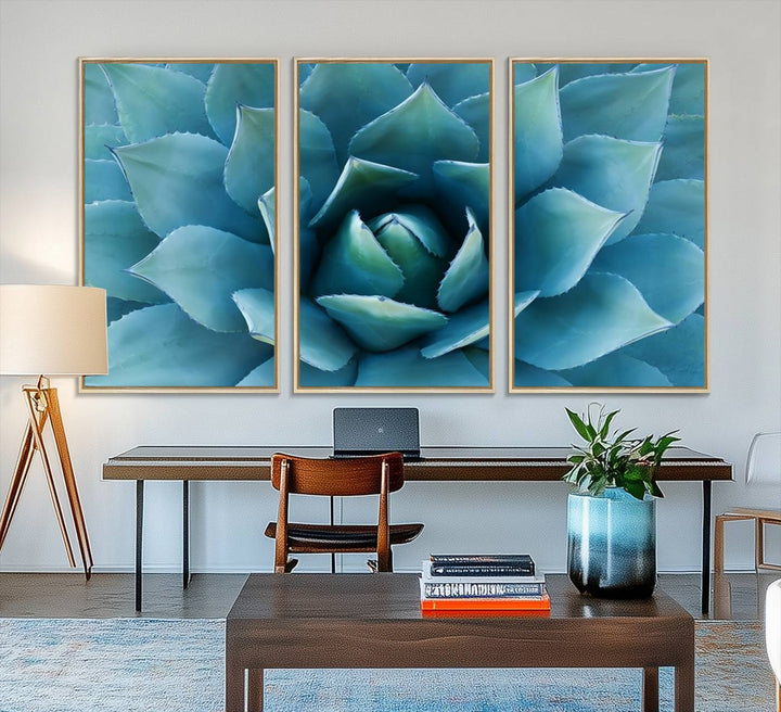 The Large Agave Succulent Canvas Wall Art is displayed on the wall.