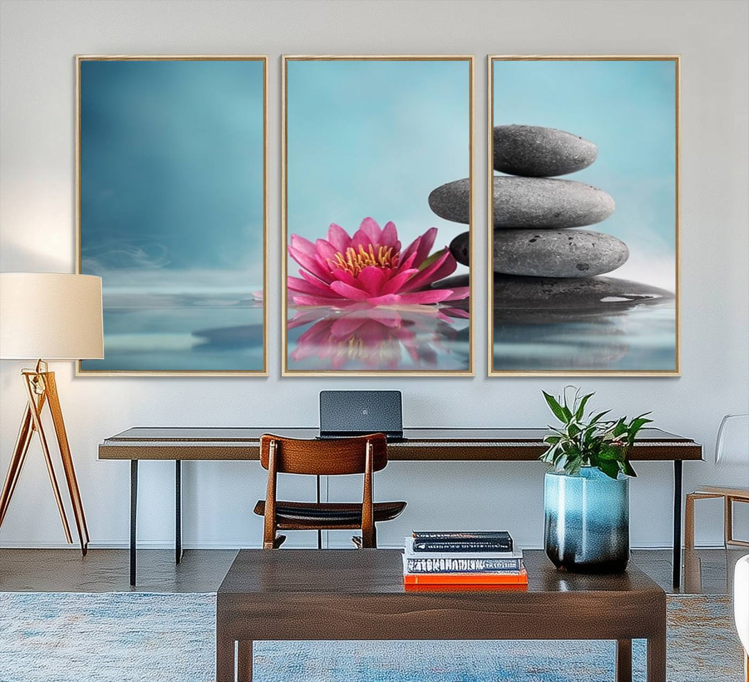 The dining room features a Zen Serenity Triptych wall art, showcasing a calming depiction of lotus flowers and balancing stones.