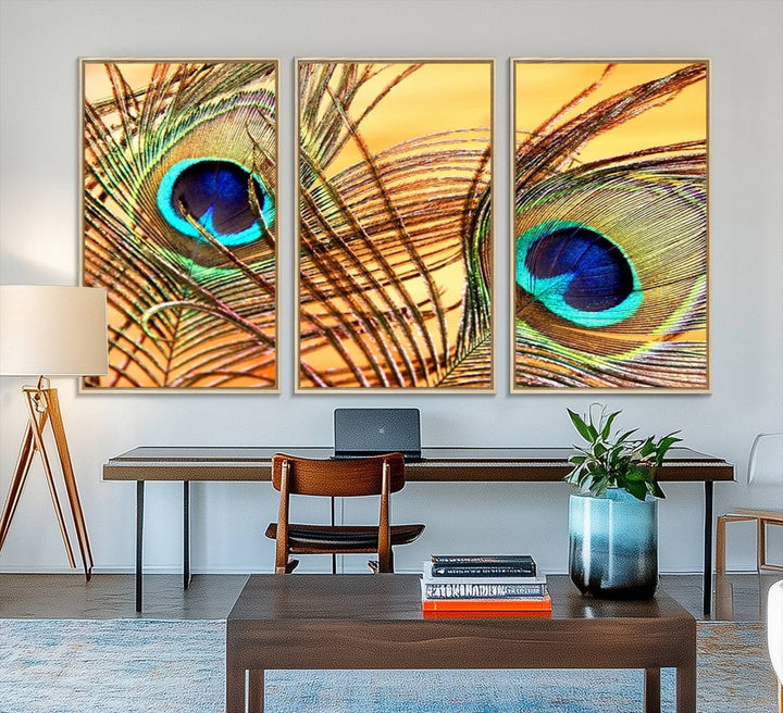 The room features vibrant peacock feather wall art.