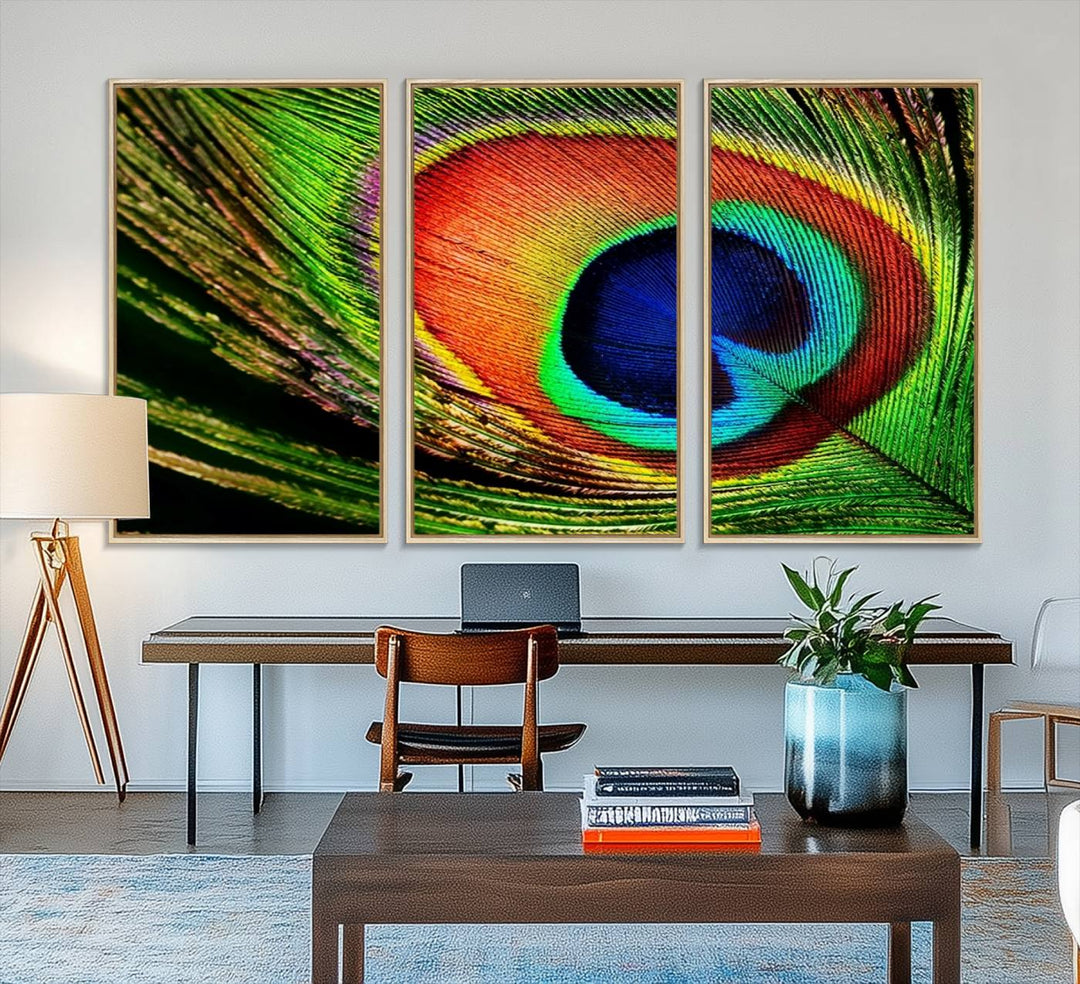 The Colorful Peacock Feather Wall Art Print graces the wall.