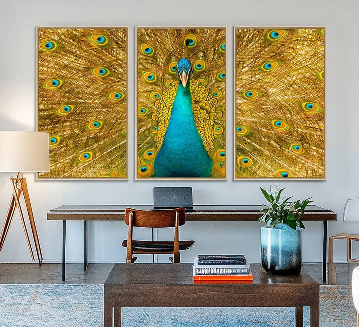 The Peacock Wall Art Canvas Print adorns a bright wall.