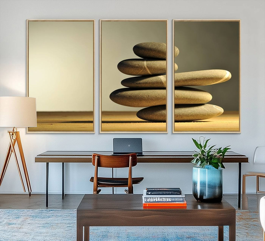 The Yellow Zen Stones on Yellow Background Wall Art is a striking feature in this minimalist kitchen.