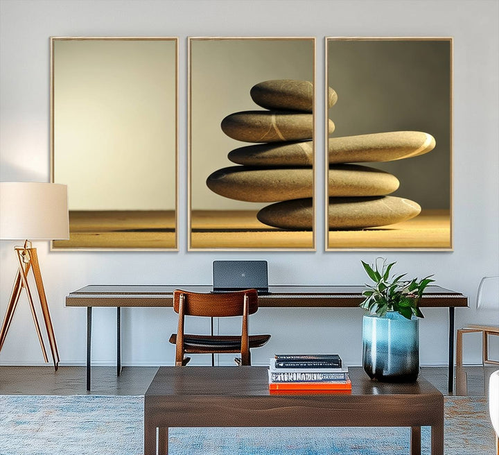 The Yellow Zen Stones on Yellow Background Wall Art is a striking feature in this minimalist kitchen.