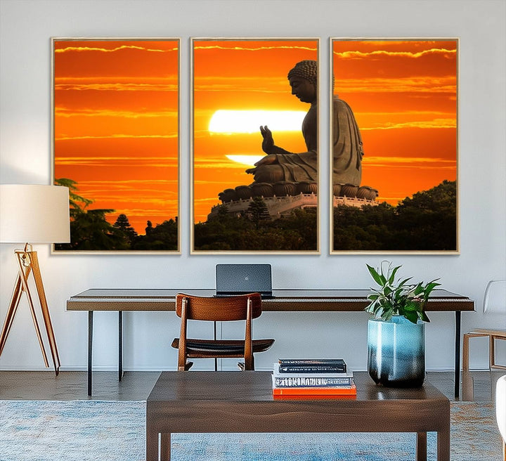 The Buddha Statue at Sunset canvas print adds serenity to the space.