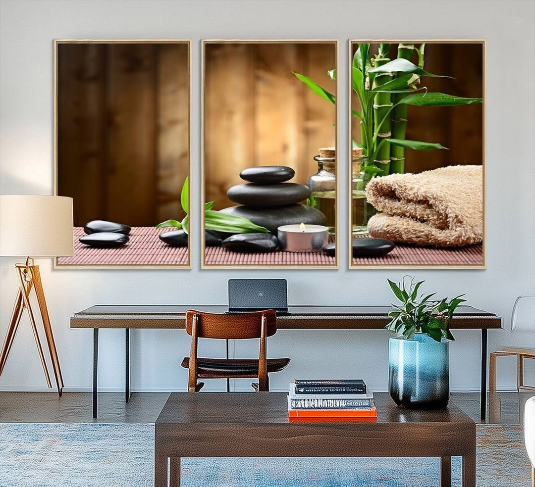 Zen Serenity Triptych Canvas Art: Pink Lotus Flower and Stones, Tranquil Water Lily Print, creating a peaceful spa ambiance.