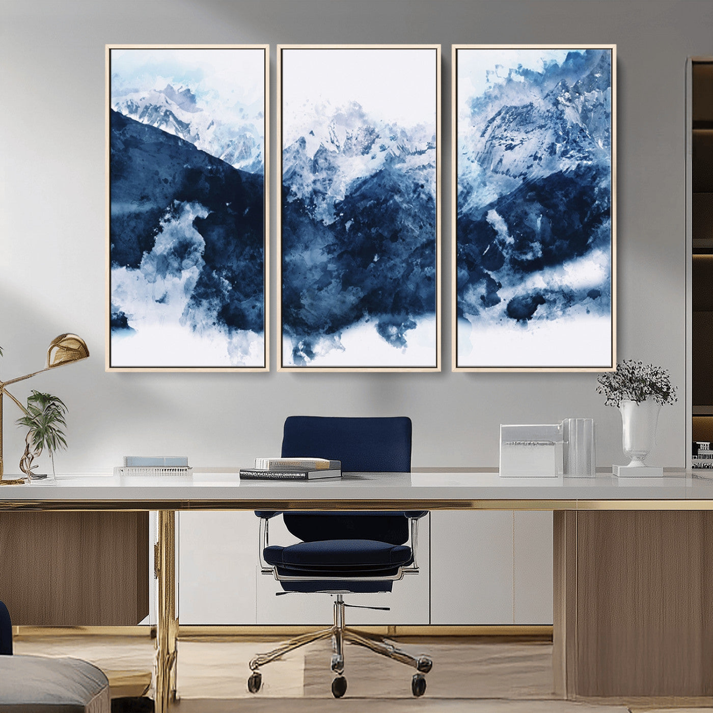 81700-MGV-CV-36X24-Abstract Blue Mountain Canvas Wall Art – Modern Triptych Landscape Print – Contemporary Nature Decor for Living Room or Office – Ready to