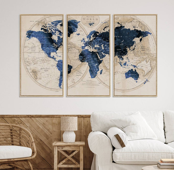 The Vintage Triptych Map Print is a grunge-stained blue and beige world map, perfect for enhancing wall decor.
