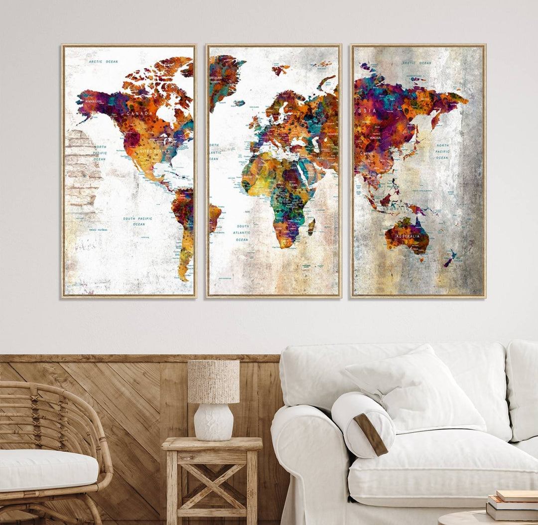 A vibrant Grunge Map Canvas Wall Art Set (3 Panels) for home or office decor, perfect for travel enthusiasts.