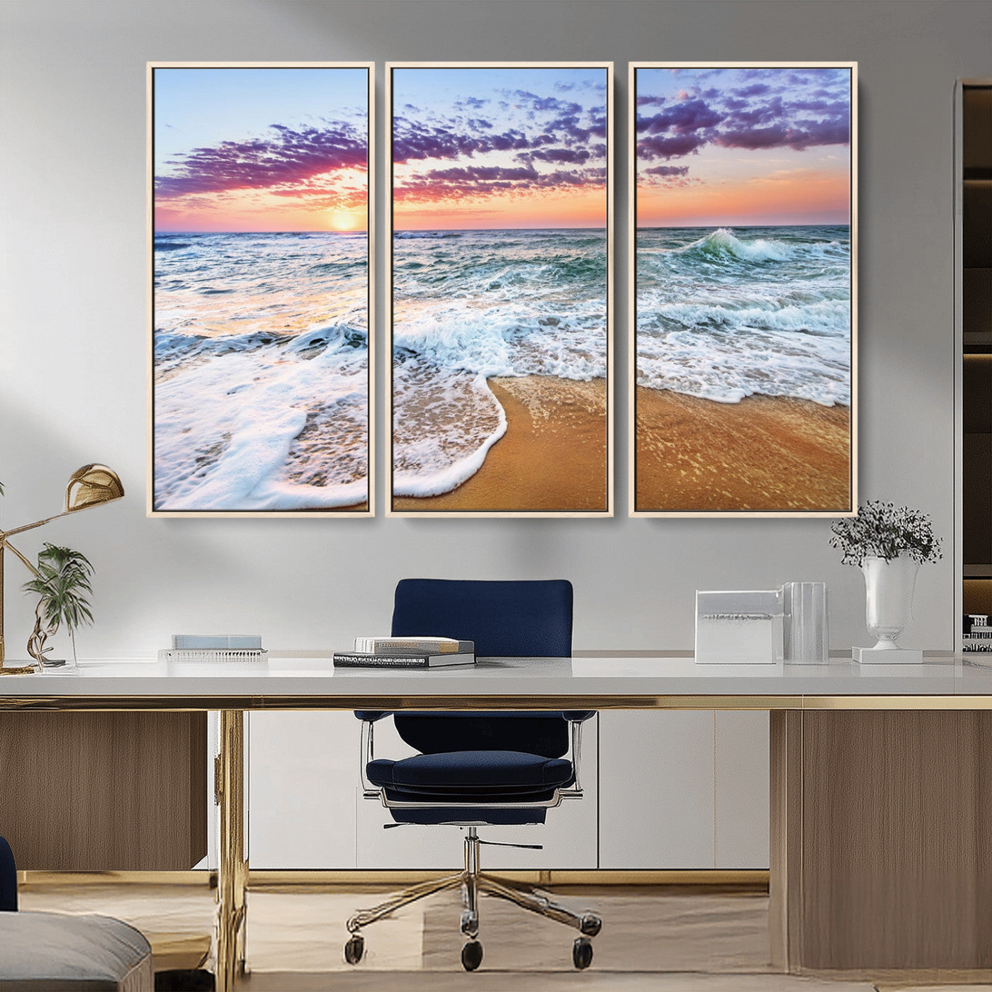 MGV-FC-48X32-3P - Coastal Sunset Art Beach Canvas Wall Art Print | Ocean Waves Wall Art | Large 3-Panel Seascape for