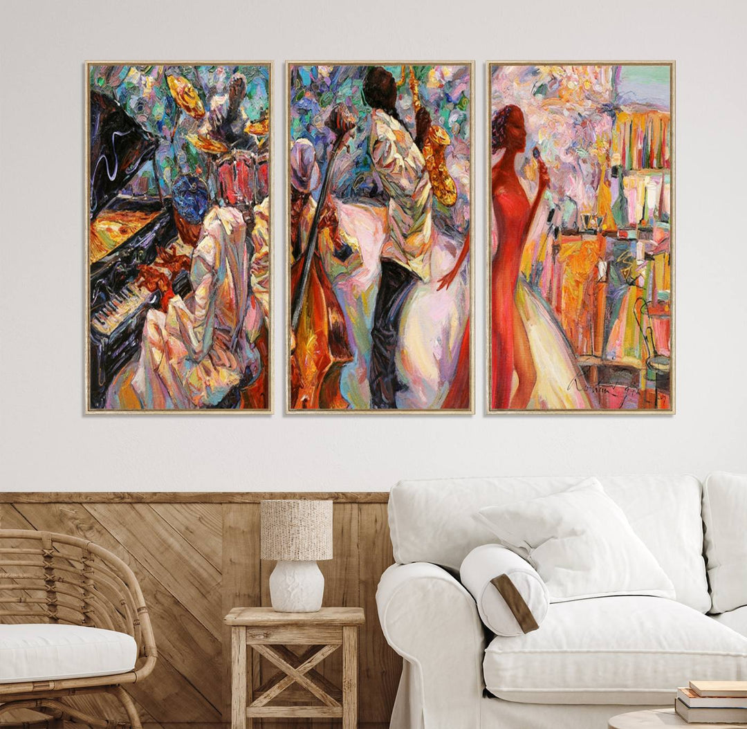 The Abstract Afro American Jazz Canvas captures a vibrant jazz band and showcases a woman dancing in red, making it perfect for dining or music spaces.