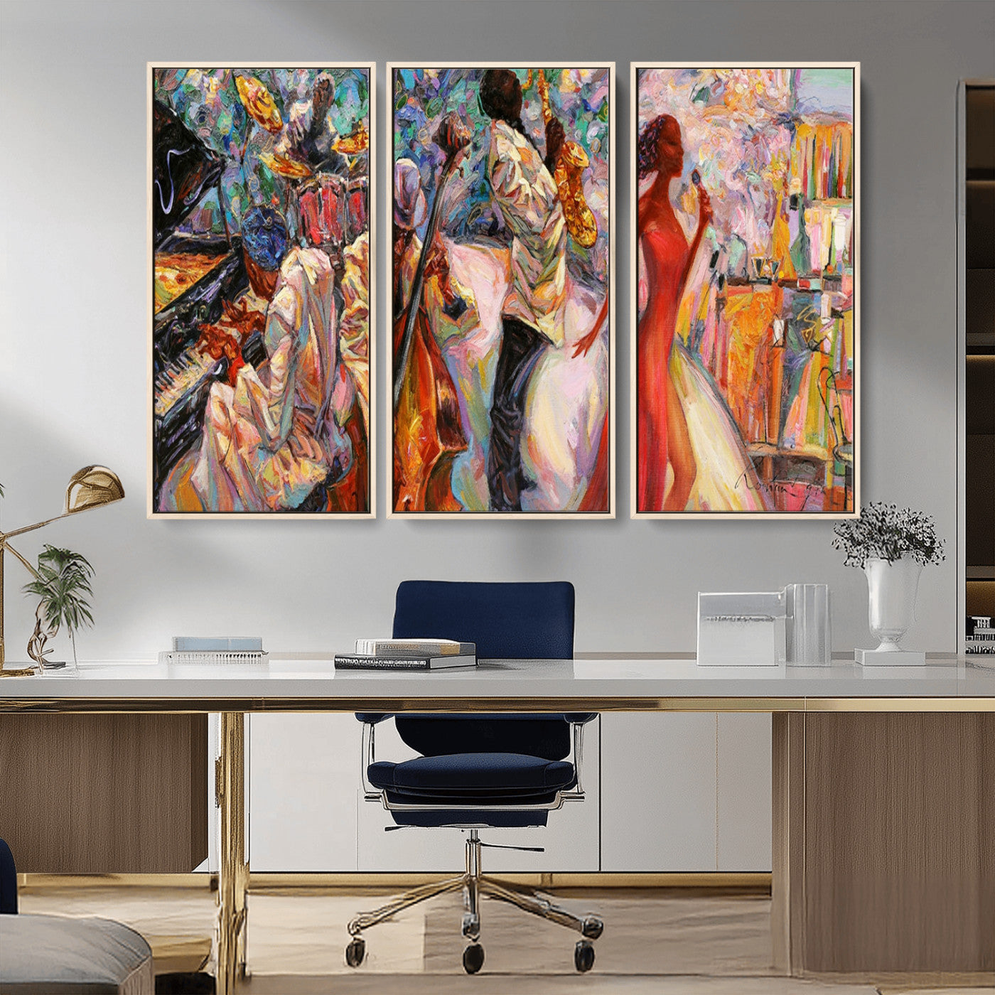 MGV-FC-48X32-3P - Abstract Afro American Jazz Canvas Wall Art | Music-Inspired Painting for Dining Room, Living Room,
