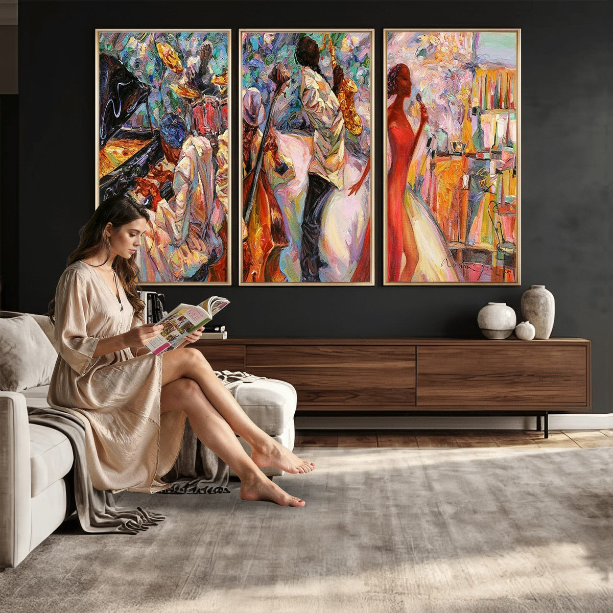 40574-_Poster-30x20 - Afro American Jazz Band Canvas Wall Art | 3 Panel Music Studio Decor