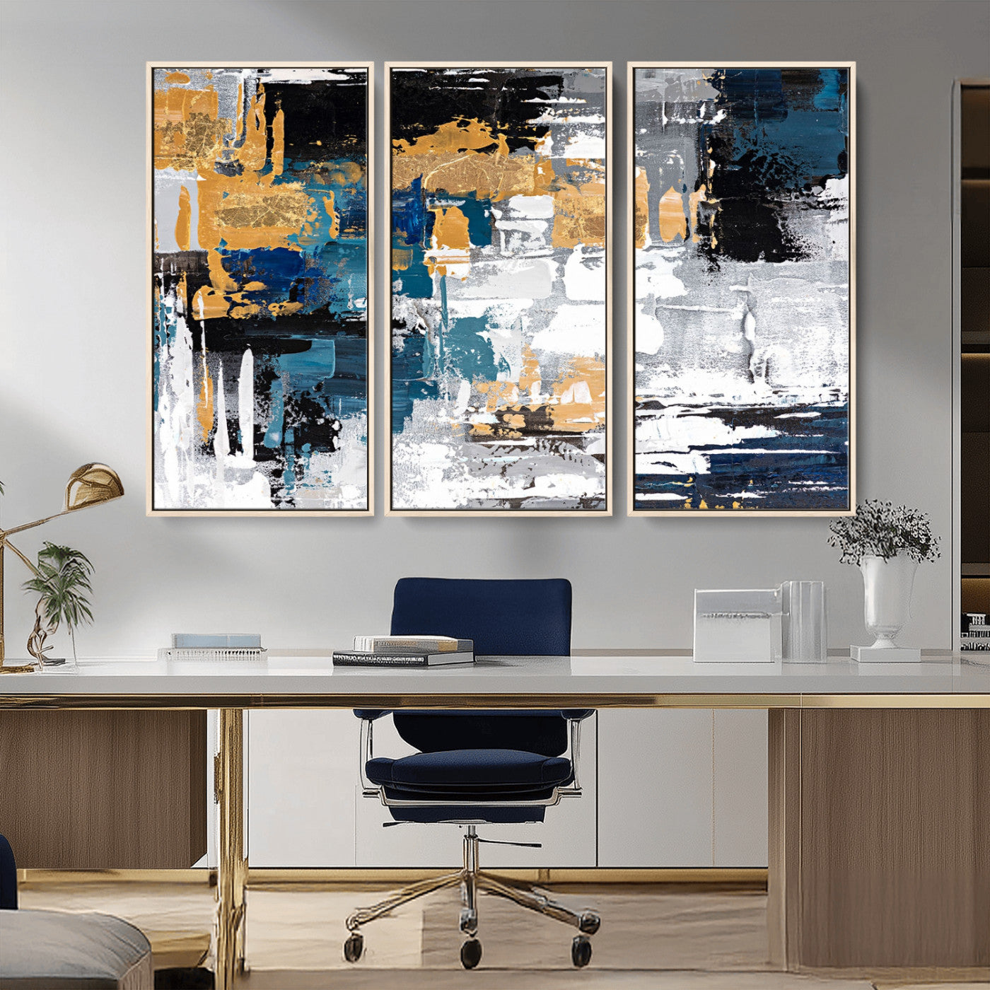 57708-MGV-CV-36X24-Blue and Gold Abstract Canvas Wall Art – Triptych Modern Painting for Living Room – Framed and Ready to Hang