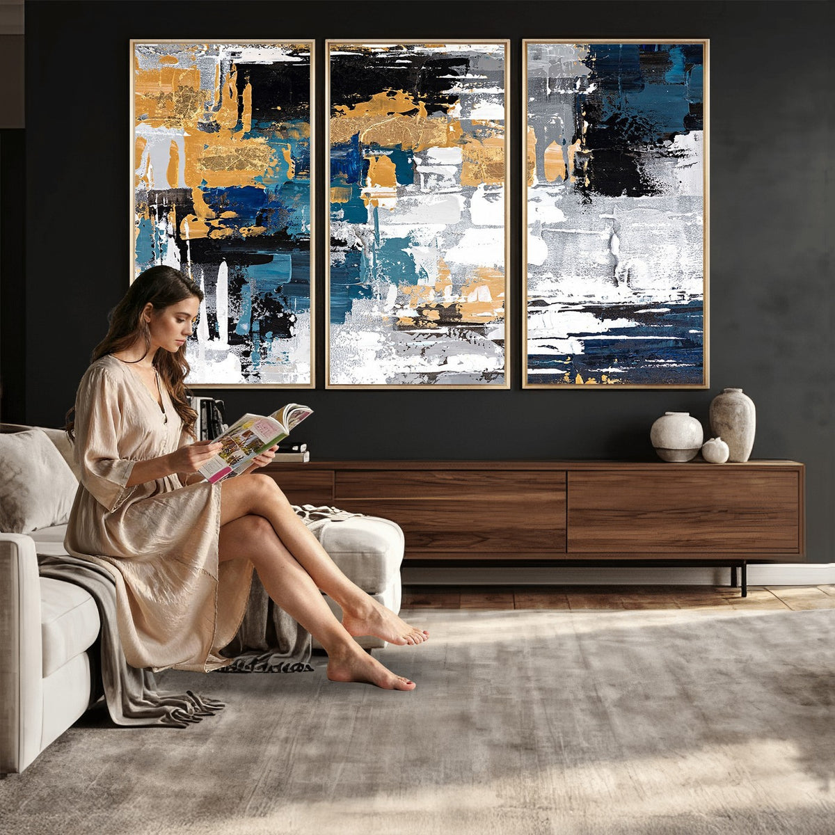 57708-_Poster-30x20 - Blue and Gold Abstract Canvas Wall Art | Triptych Modern Art Print