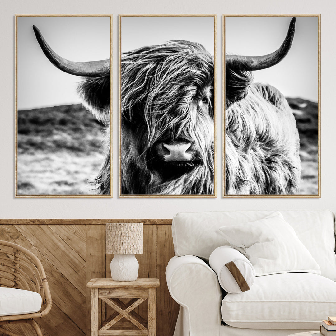 Highland Cow Wall Art | 3-Panel Black and White Highland Cow Canvas Print for Western Farmhouse Decor