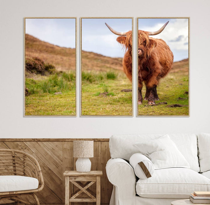 A Highland Cow Animal Canvas Wall Art hangs on the wall, adding warmth to the room.