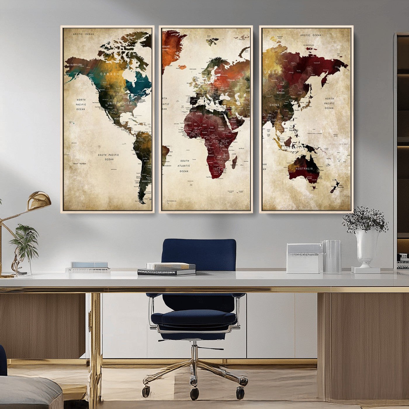MGV-FC-48X32-3P - Large World Map Wall Art Canvas Print, Framed Push Pin Map Art Picture Print, Abstract Traveller Map Perfect Modern Decor Artwork